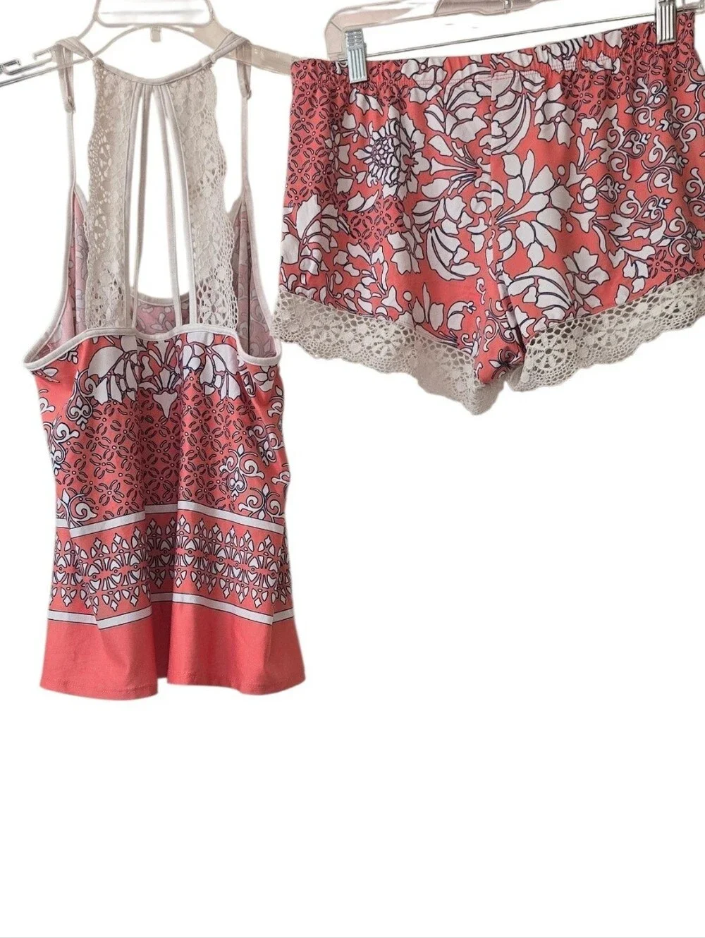 In Bloom By Jonquil Coral Printed Tank & Lace Trim Loung/sleep Shorts Set Size M
